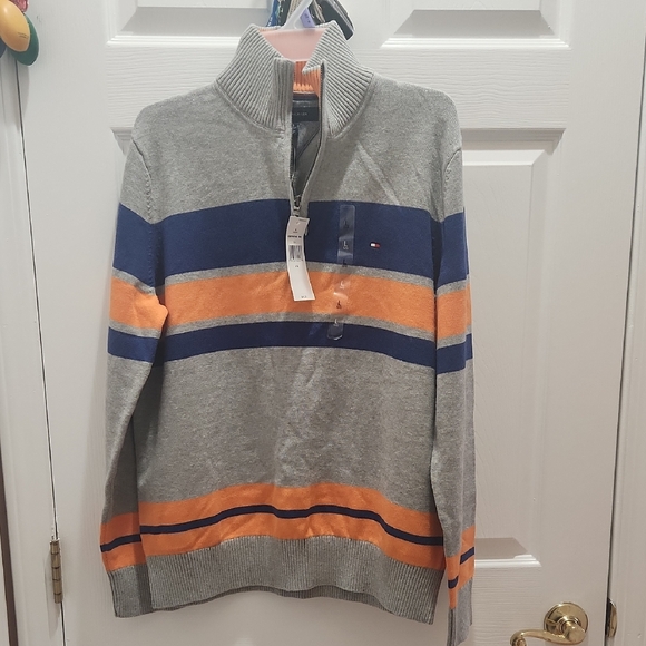 Tommy Hilfiger Other - Tommy Hilfiger Men's Zip-Up Gray Sweater with Blue and Orange Stripes Large